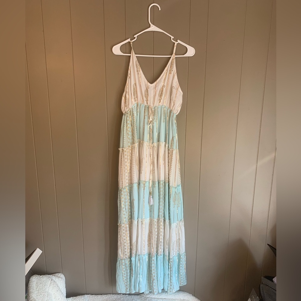 Siddhartha Bohemian Maxi Dress in white and turquoise